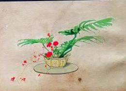 D26030669〇彩色石版画  モンステラにゼラニウム ツルウメモドキ  盛花 西洋花 生花図譜  華道 生花 解説付き 昭和年代〇和本古書古文書