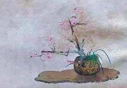 D26030670〇彩色石版画  山桜に春蘭  盛花 西洋花 生花図譜  華道 生花 解説付き 昭和年代〇和本古書古文書