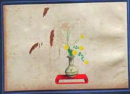 D26030672〇彩色石版画  黍に黄菊  盛花 西洋花 生花図譜  華道 生花 解説付き 昭和年代〇和本古書古文書