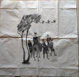 D26040405〇拓本 東南アジア 馬上の人 彩色拓本 昭和年代 〇和本古書古文書