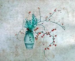 D26030678〇彩色石版画  ツルウメモドキに寒菊  盛花 西洋花 生花図譜  華道 生花 解説付き 昭和年代〇和本古書古文書