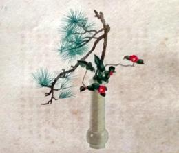 D26030679〇彩色石版画  老松に紅椿  盛花 西洋花 生花図譜  華道 生花 解説付き 昭和年代〇和本古書古文書