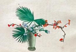 D26030681〇彩色石版画   棕櫚に山帰来と笹龍膽 盛花 西洋花 生花図譜  華道 生花 解説付き 昭和年代〇和本古書古文書