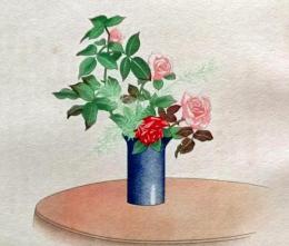 D26030682〇彩色石版画  薔薇に天門冬  盛花 西洋花 生花図譜  華道 生花 解説付き 昭和年代〇和本古書古文書