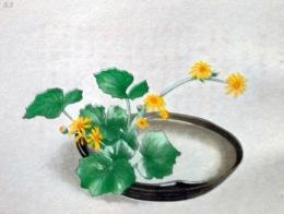 D26030683〇彩色石版画   つわぶき 盛花 西洋花 生花図譜  華道 生花 解説付き 昭和年代〇和本古書古文書