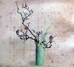 D26030688〇彩色石版画  紫木蓮に鳴子百合  盛花 西洋花 生花図譜  華道 生花 解説付き 昭和年代〇和本古書古文書