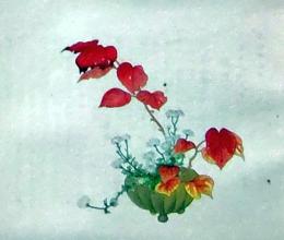 D26030689〇彩色石版画  柿の紅葉と山菊  盛花 西洋花 生花図譜  華道 生花 解説付き 昭和年代〇和本古書古文書
