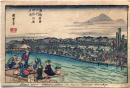 D26041506〇一枚摺物 彩色木版画 広重京都名所之内  四條河原夕凉（夕涼みの人々）貴重品 題名英文併記 ハガキサイズ 昭和年代〇和本