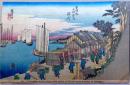 D26020002〇彩色木版画 ハガキサイズ 刷り状態良 東海道五十三次 品川宿 保永堂版 広重 題名英文併記 複刻明治３９年〇和本古書古文書	