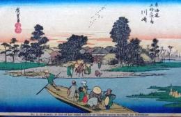 D26020003〇彩色木版画 ハガキサイズ 刷り状態良 東海道五十三次 川崎宿 保永堂版 広重 題名英文併記 複刻明治３９年〇和本古書古文書