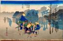 D26020012〇彩色木版画 ハガキサイズ 刷り状態良 東海道五十三次 三島宿 保永堂版 広重 題名英文併記 複刻明治３９年〇和本古書古文書