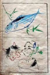 D26051903〇一枚摺物 彩色木版画  カツオ お面  蕙斎麁画５巻抜粋〇和本古書古文書