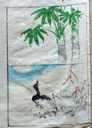 D26051910〇一枚摺物 彩色木版画  竹笹 月に雁  蕙斎麁画５巻抜粋〇和本古書古文書