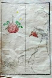 D26051913〇一枚摺物 彩色木版画  カワセミ 団扇  蕙斎麁画５巻抜粋〇和本古書古文書