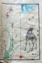 D26051917〇一枚摺物 彩色木版画  鹿 雀 芒  蕙斎麁画５巻抜粋〇和本古書古文書