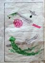 D26051934〇一枚摺物 彩色木版画   羽子板 刀 蕙斎麁画５巻抜粋〇和本古書古文書