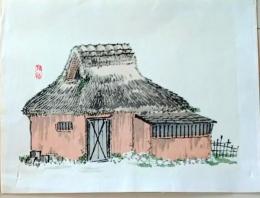 D26070905〇一枚摺物 彩色木版画 小屋 藁葺き屋根 昭和年代〇和本古書古文書