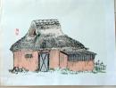 D26070905〇一枚摺物 彩色木版画 小屋 藁葺き屋根 昭和年代〇和本古書古文書