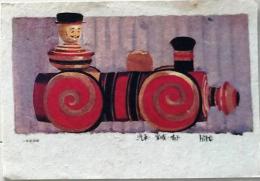 D26090518〇一枚摺物  汽車 宮城鳴子  民芸品 Hiro 彩色木版画 ハガキサイズ 昭和年代〇和本古書古文書	