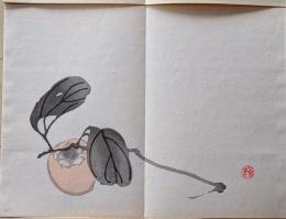 D261019201〇一枚摺物 彩色木版画  柿  景年習画帖第２編抜粋 今尾景年が描いた絵手本（画帳）昭和年代復刻〇和本古書古文書