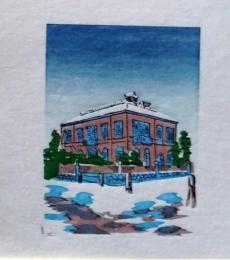 D25103049〇彩色木版画 ミニサイズ 明治時代西洋館 天満宮 錦絵 浮世絵 昭和年代〇和本古書古文書