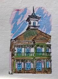 D25103051〇彩色木版画 ミニサイズ 明治時代西洋館 天満宮 錦絵 浮世絵 昭和年代〇和本古書古文書