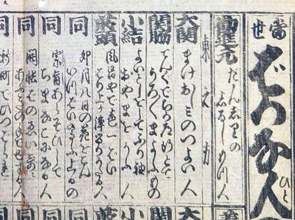 f2405040524〇一枚刷り 和紙木版 浪花みやげ第５編 源平武者競 頼朝 義経 重盛 ことば遊び しゃれ なぞ 判じ絵 見立番付 天保年間