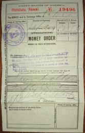 F19052101〇郵便為替 米国 ホノルル ハワイ ２ドル５０セント money order USA Honolulu Hawaii 1905年(明治３８年) 〇和本古書古文書