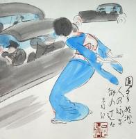 f20072611〇肉筆漫画 色彩手書き 開国六十年史図絵 No.49 一圓タクシー跋扈 細木原 青起 昭和２年 中央美術協会〇和本古書古文書