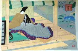 f24121438〇彩色木版画1枚 源氏物語五十四帖 鈴虫  解説書付 海老名正夫原画 山田書院  昭和時代〇和本古書古文書