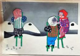 f25042259〇彩色木版画 ハガキサイズ 雪国 竹馬 錦絵 浮世絵 昭和年代〇和本古書古文書