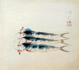 D25100514〇彩色木版画画 色紙  イワシ　大羽  昭和年代〇和本古書古文書〇和本古書古文書