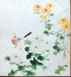 D25100519〇彩色木版画画 色紙 菊   昭和年代〇和本古書古文書〇和本古書古文書