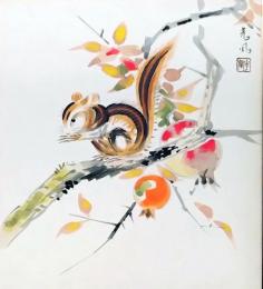 D25100520〇彩色木版画画 色紙  リス ざくろ  昭和年代〇和本古書古文書〇和本古書古文書