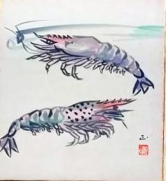 D25100521〇彩色木版画画 色紙   伊勢海老 昭和年代〇和本古書古文書〇和本古書古文書