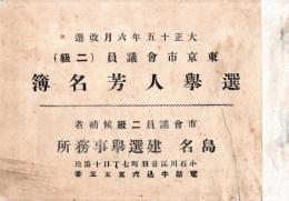 大正15年6月改正　東京市會議員（二級）選挙人芳名簿　市會議員二級候補者　島名建選挙事務所（小石川区音羽町）