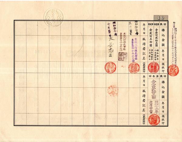 満州重工業開発株式会社乙種株券 拾株 日本國通過五百圓 康徳五