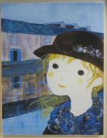 前田 麻里　運河の街で　ジグレー版画 キャンパス 額入り 限定50部 人物画 現代洋画家 メルヘン かわいい 癒し 真作保証