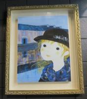 前田 麻里　運河の街で　ジグレー版画 キャンパス 額入り 限定50部 人物画 現代洋画家 メルヘン かわいい 癒し 真作保証