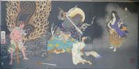 祐天上人奇譚　3枚続　月岡芳年 /TSUKIOKA YOSHITOSHI Fudo Threatening Yuten with His Sword