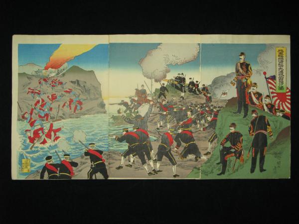 我軍鴨緑江ヲ經テ九連城ヲ占領之圖 周延画 日清戦争 3枚続き(周延画