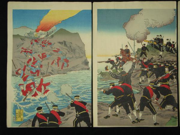 我軍鴨緑江ヲ經テ九連城ヲ占領之圖 周延画 日清戦争 3枚続き(周延画