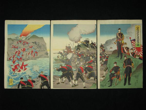 我軍鴨緑江ヲ經テ九連城ヲ占領之圖 周延画 日清戦争 3枚続き