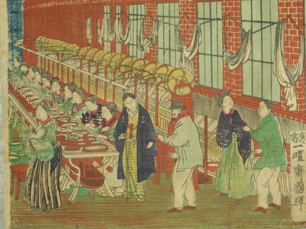 上州富岡製絲場之圖 一曜斎国輝 3枚続(國輝画) / 古本、中古本
