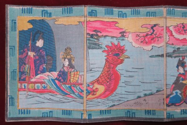 浮世絵 ミニ屏風 源氏絵鳳凰舟 芳盛画 六曲(歌川芳盛画) / 古本