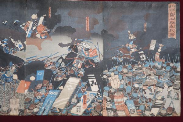 ○手数料無料!! 信州川中島大合戦場 上杉謙信x武田信玄 江戸版画3枚綴