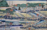 東都名所日本橋従高輪之風景
子供あそび纏固図小　（まといごっこ）　3枚続き