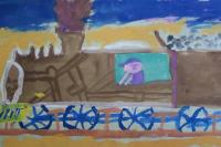 児童画　蒸気機関車　保線作業