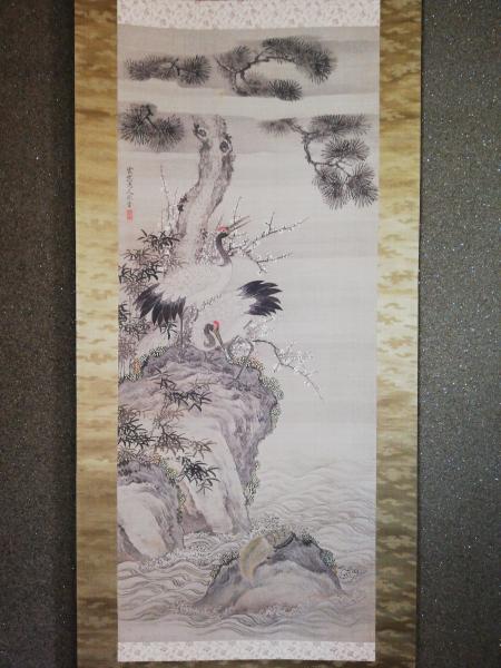 美品　佐久間雲窓　絹本着色【　柳に八八鳥之図　】　道元鑑識箱　　軸先細工木　共箱 美品 佐久間雲窓 絹本着色【 柳に八八鳥之図 】 道元鑑識箱 軸先