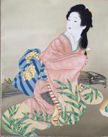 【工芸】掛軸 上村松園「娘深雪」朝顔日記 盲目角付け芸人 美人画 古箱